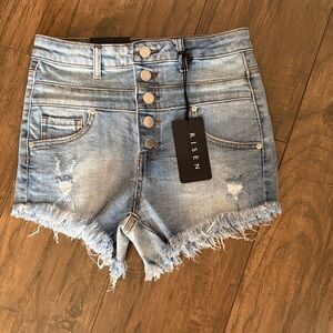 Risen Light Blue Frayed Hem Jean Shorts